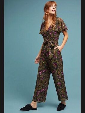 Ett:twa by Anthropologie Brenda jumpsuit green floral fairycore boho size 8